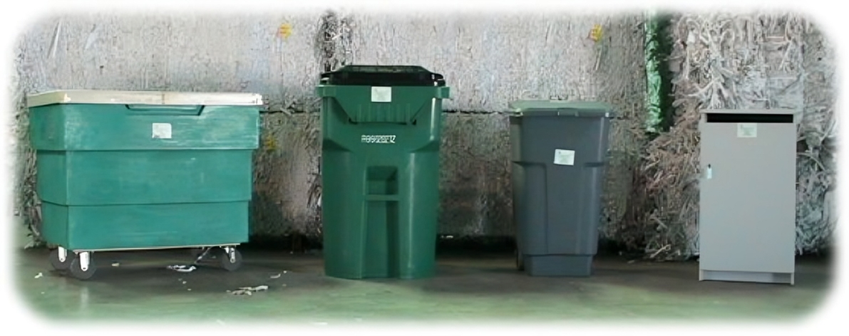 Three garbage cans are next to each other.